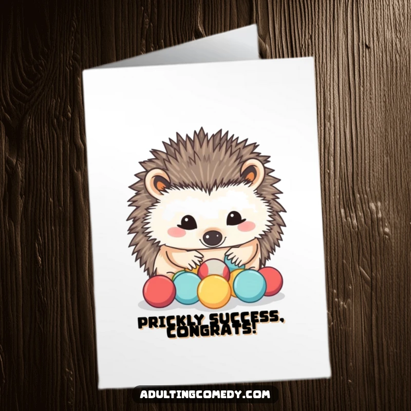 Funny Free Printable Congrats Card: A determined hedgehog meticulously sorts small stress balls, symbolizing success.