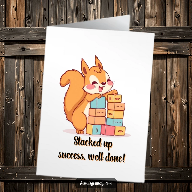 Funny Free Printable Congratulations Card: Squirrel's enthusiastic block stacking, a hilarious symbol of achievement, DIY gift.