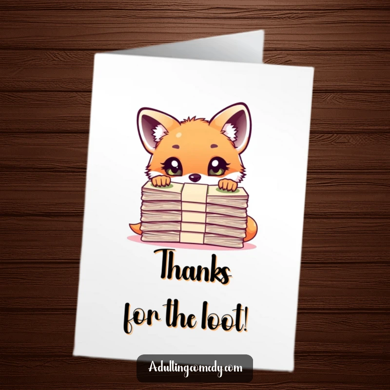 Funny Free Printable Thank You Card: A curious fox cub looks stunned at a towering stack of bills.