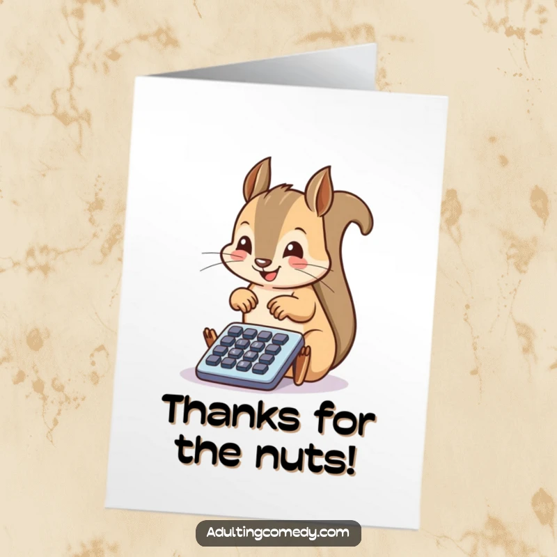 Funny Free Printable Thank You Card: A happy squirrel taps diligently on a small filing cabinet drawer with thanks.