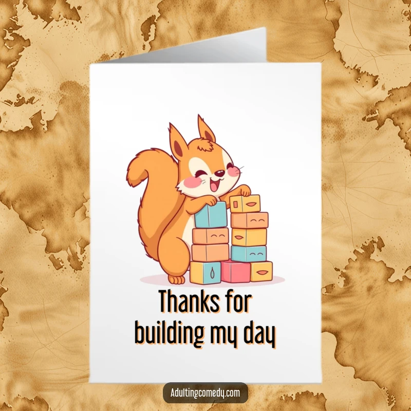 Funny Free Printable Thank You Card: Squirrel stacking tower of blocks, a humorous DIY thank you gesture.