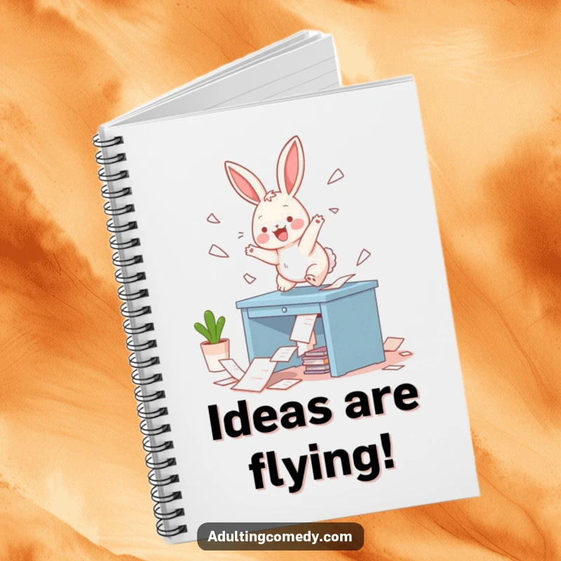 Funny Bunny Notebook: A playful bunny hops on a miniature desk, scattering papers with glee, ideal for capturing thoughts with humorous inspiration.