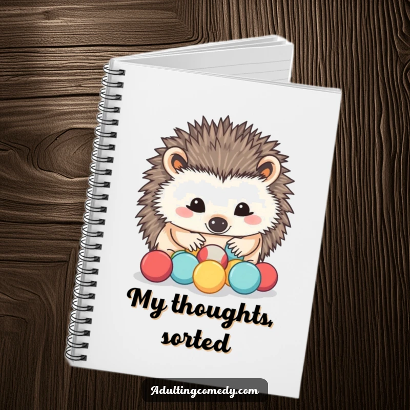 Funny Hedgehog Notebook: A determined hedgehog carefully sorts miniature stress balls with its nose, perfect for organizing thoughts with humorous patience.