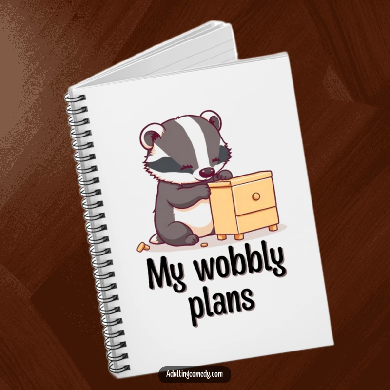 Funny badger notebook showing a busy creature carefully assembling wobbly furniture, ideal for notes.