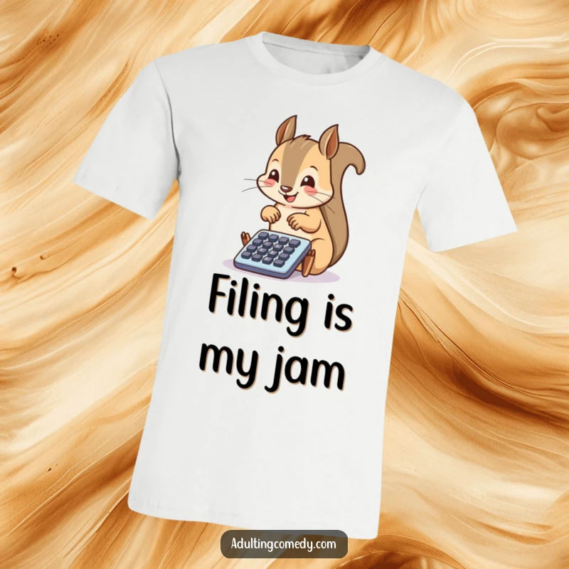 Funny Squirrel T-Shirt: A happy squirrel taps enthusiastically on a tiny filing cabinet drawer, showcasing dedication and humorous organizational efforts.