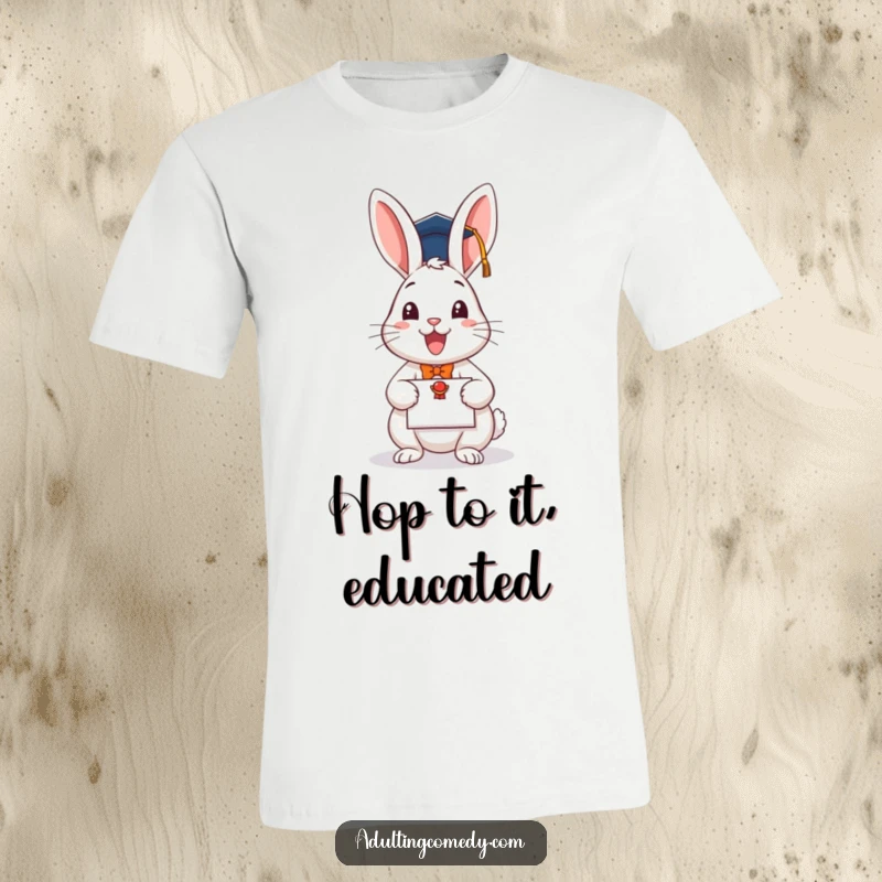 Funny graduation t-shirt with a happy rabbit in a cap, holding a diploma, a perfect humorous gift.