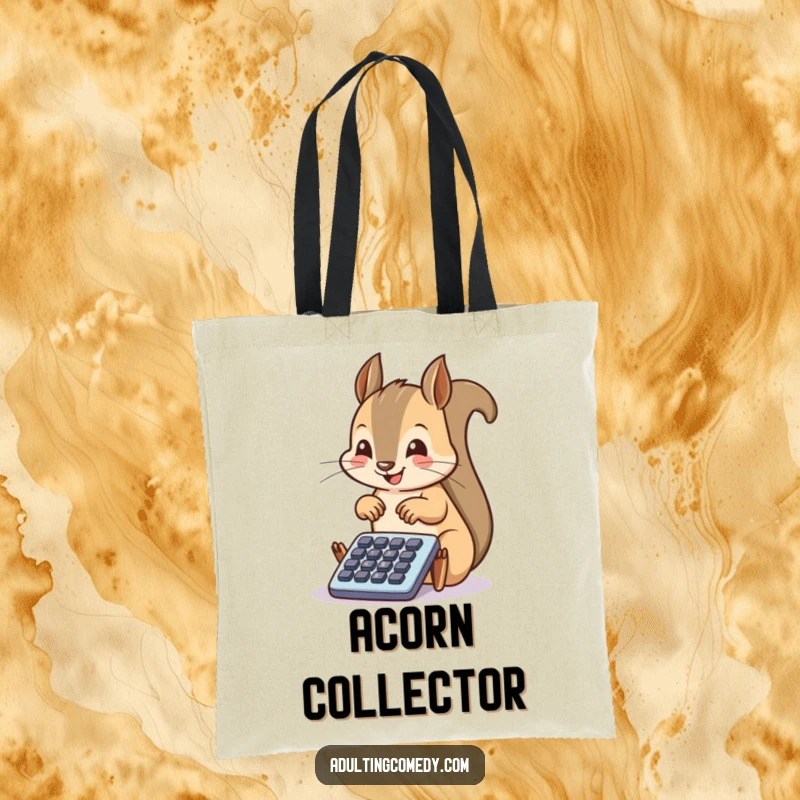 Funny Squirrel Tote Bag: A happy squirrel taps enthusiastically on a tiny filing cabinet drawer, perfect for carrying essentials with humorous organization.