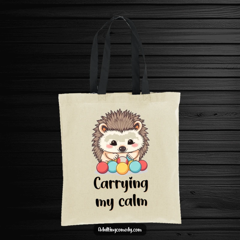 Funny Hedgehog Tote Bag: A determined hedgehog carefully sorts miniature stress balls with its nose, perfect for carrying essentials with humorous coping strategies.