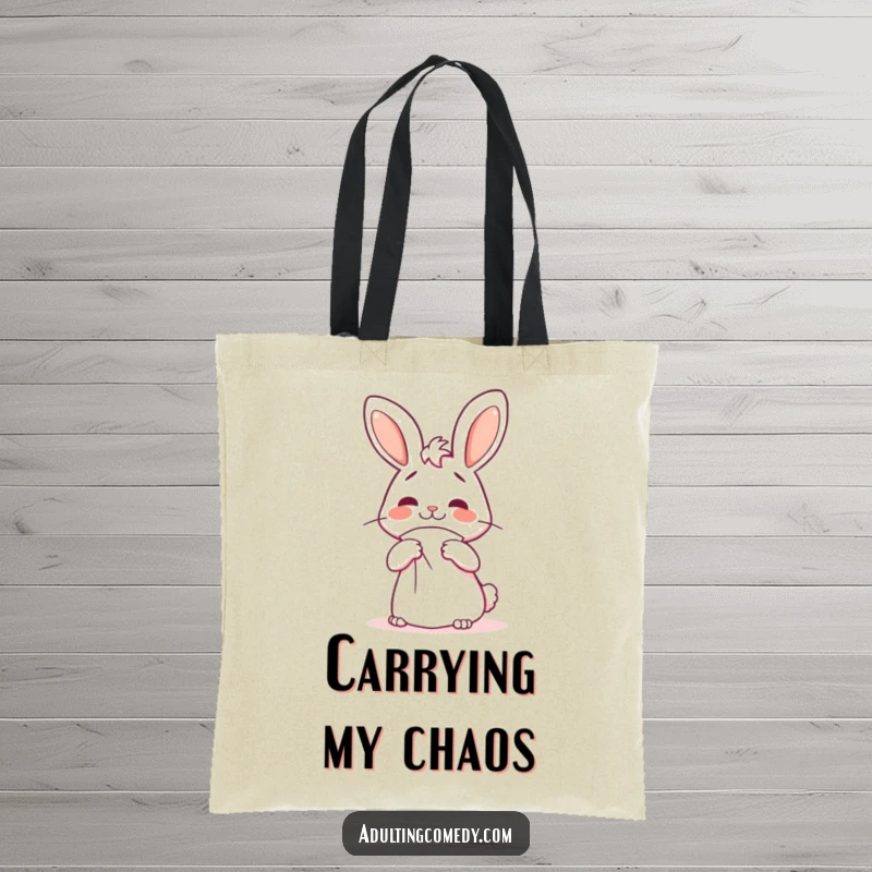 Funny bunny tote bag showing a cheerful rabbit with a confused expression struggling with a giant napkin, a funny gift.